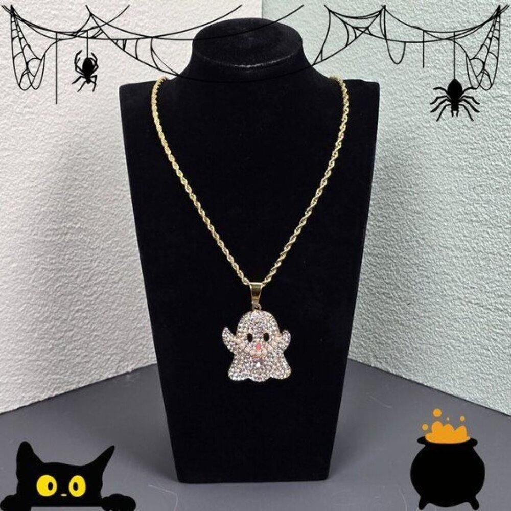 🎃 Gold Sparkling Ghost‎ Pendant Necklace (NWOT)